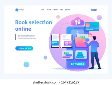 Young person chooses a book online using a mobile app. Flat 2D character. Landing page concepts and web design