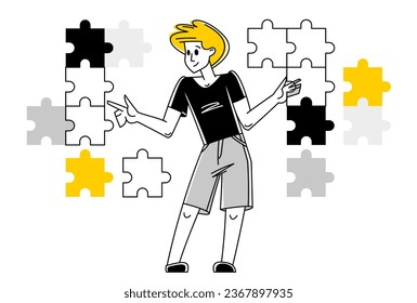 Young person combining puzzles and creating a system, vector outline illustration, connect pieces together.
