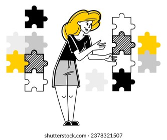 Joven que combina acertijos y crea un sistema, ilustración de contorno vectorial, conecta piezas juntas.