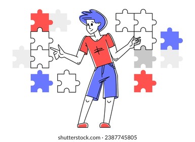Young person combining puzzles and creating a system, vector outline illustration, connect pieces together.