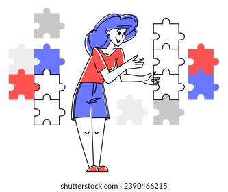 Young person combining puzzles and creating a system, vector outline illustration, connect pieces together.
