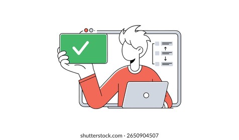 Jovem concluindo tarefas em uma tela de computador segurando uma marca de seleção verde