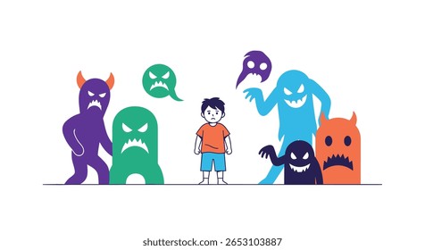 A Young Person Confronts a Group of Frightening Monsters and Imaginary Fears Showing Inner Strength and Courage