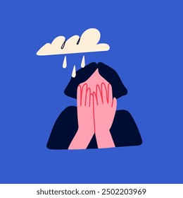 Young person covering face with hands. Rainy cloud. Depression, frustration, mental disorder, anxiety, sad mood concept. Cartoon character. Hand drawn Vector Illustration. Isolated design element