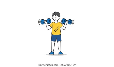 Young person demonstrates bicep curls with dumbbells for arm strength training