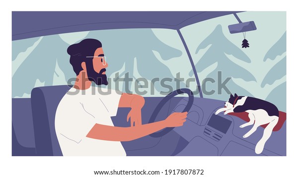 Young person driving\
car with happy cat lying on dashboard. Man traveling together with\
pet. Auto driver enjoying trip on holiday. Colored flat cartoon\
vector illustration.