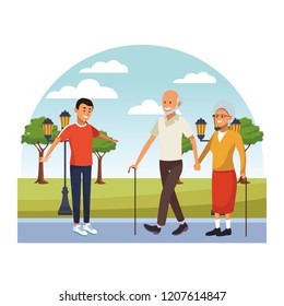 young person with the elderly cartoon