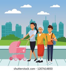 young person with the elderly cartoon