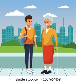 young person with the elderly cartoon