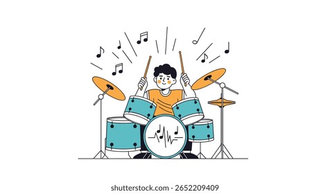 Jovem tocando energicamente o conjunto de bateria com notas musicais em torno deles criando uma atmosfera vibrante de som e ritmo
