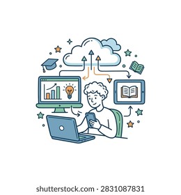 A young person is engaged in online learning using a laptop, smartphone, and tablet connected to cloud services for education.