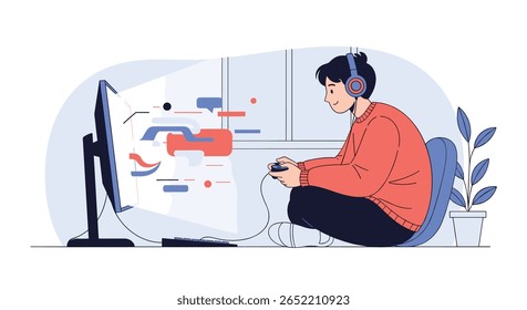 Jovem desfrutando de uma experiência imersiva em jogos ao usar fones de ouvido e segurar um controlador de jogo envolvido com entretenimento digital