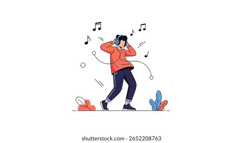 Young Person Enjoying Music With Headphones Feeling the Rhythm and Dancing with Notes Floating Around