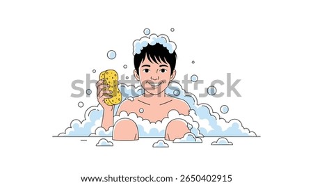 A young person enjoys a relaxing bath filled with a lot of bubbles and holding a sponge