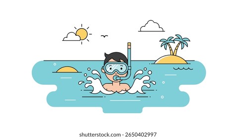 A young person enjoys snorkeling in tropical ocean waters near a palm tree island