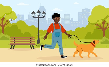 Young person enjoys a sunny day walking a dog in a city park with greenery around