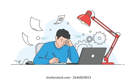 Um jovem se sentindo sobrecarregado e estressado enquanto trabalhava até tarde da noite sob uma luminária de mesa com papéis voando ao redor e engrenagens no fundo simbolizando tarefas complexas