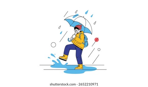 Jovem caminha alegremente através das poças em um dia chuvoso segurando um guarda-chuva