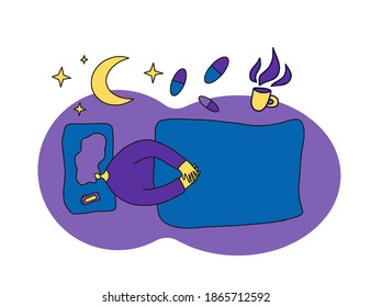Young person have problem with night sleep. Woman suffering from insomnia. Female character lying in bed sleepless. Girl with bad mood can't sleep because of fomo. Vector illustration.