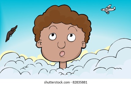 Young person with head in the clouds with plane and bird