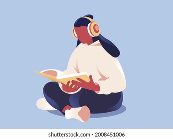 Young Person With Headphones Sitting On A Floor And Reading A Book. Vector 2D Illustration.