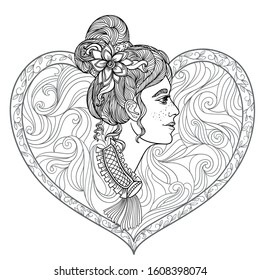Young person with  heart frame coloring  page
