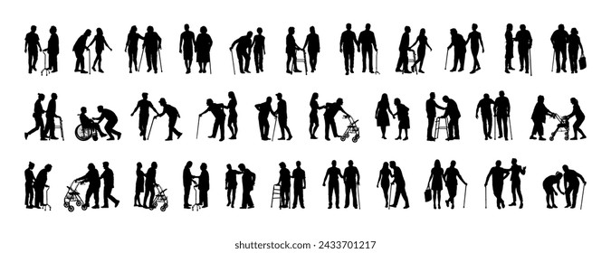 Young person helping elderly person walking with walking aids silhouette set collection.	