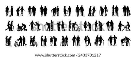 Young person helping elderly person walking with walking aids silhouette set collection.	
