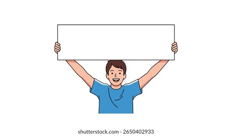 Young person holding a blank white sign above their head with both arms