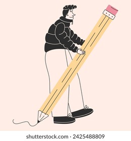 Junge Person mit einem großen Bleistift im Cartoon-Stil Zeichnen, Schreiben, Erstellen, Design, Bloggen Konzept
