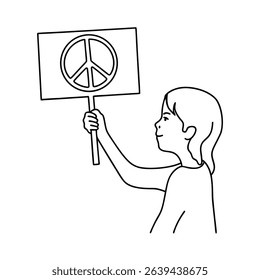 Young person holding peace sign protesting for world peace and unity in monochrome style.