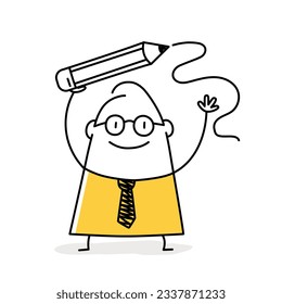 Young person holding pencil. Stick figure. Doodle style. Vector illustration.