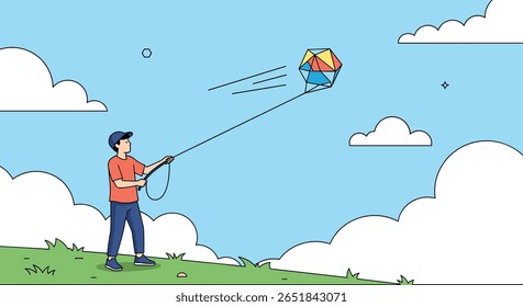 Um Jovem Voa Alegremente Uma Pipa Geométrica Colorida Contra Um Céu Azul Brilhante Cheio De Nuvens Brancas E Fluidas