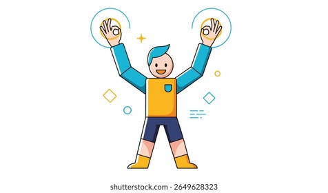 Young person joyfully practicing juggling skills in a colorful and whimsical artistic style demonstrating coordination and entertainment