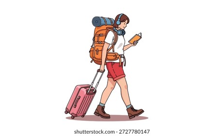 Ein junger Mensch mit einem großen Rucksack und einem rollenden Koffer geht mit Kopfhörern auf sein Handy.