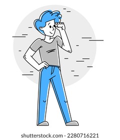 Young person looking for opportunities vector outline illustration, leader entrepreneur search for benefit in telescope, future strategy for commerce.