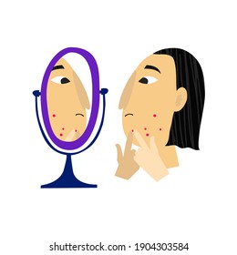 Young person looks in mirror and pops a pimple. Acne problem concept. Hand drawn character with facial blemish isolated on white background. Squeezing zit. Trendy stock vector illustration