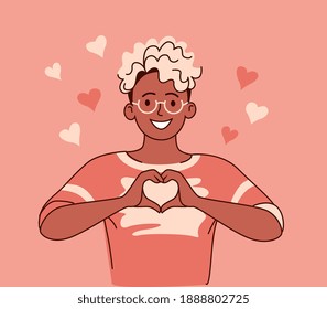 young person man shows a heart shape with her fingers and palms. Line and fill drawing.