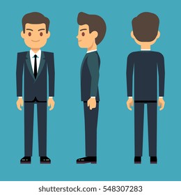 Young person man in three points of view in business, office clothes vector set.