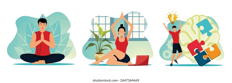 Young Person meditating, expressing mindfulness and inner balance. Woman Practicing Yoga at Home with Laptop.  A man celebrating a creative idea, symbolized by a puzzle and light bulb.