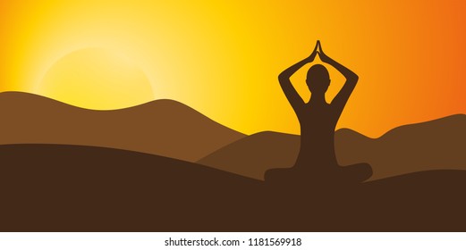 young person meditating on high mountain in sunset background vector illustration EPS10