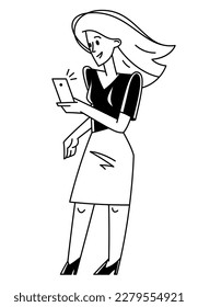 Young person with mobile cell phone doing some online job or chatting in messenger or social media vector outline illustration.