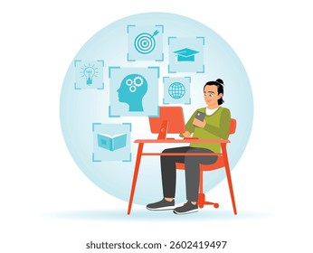 A young person multitasking with a computer, surrounded by icons representing knowledge, learning, and communication. Flat vector illustration