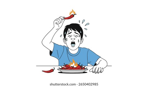 Young person overwhelmed by extremely hot spicy chili peppers eating challenge