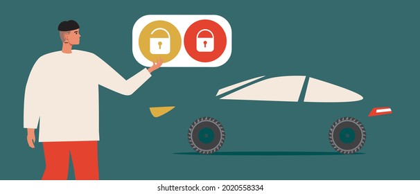 Young person is the owner of the car, smart lock. Flat vector stock illustration. Non-binary persona and smart auto lock. Buying a car. Transport and modern alarm systems. Young driver