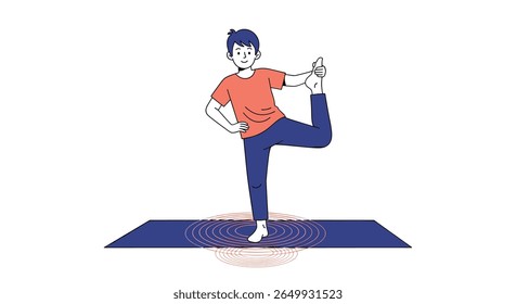Young person performs balancing yoga pose on mat demonstrating good posture and flexibility