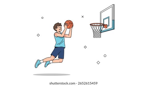 Jovem Jogando Basquete Saltando para o Alto para Marcar um Slam Dunk em um Jogo Competitivo