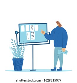 Young person pointing flipchart presentation and explaining something. student giving a report near board. Vector flat illustration.