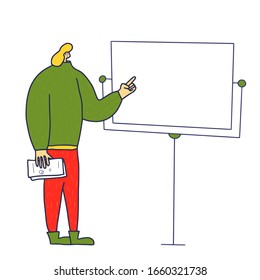 Joven apuntando a la presentación del rotafolios y explicando algo. estudiante pasando un examen cerca de la junta. Ilustración vectorial.