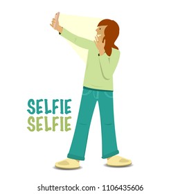 Young person posing for a smartphone selfie. Green clothing. Isolated on white background. Technology and youth concept. Vector illustration